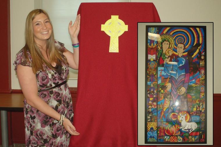 Senior Merissa Doyle at the unveiling of the Icon of Edmund Rice with the finished piece (right).
