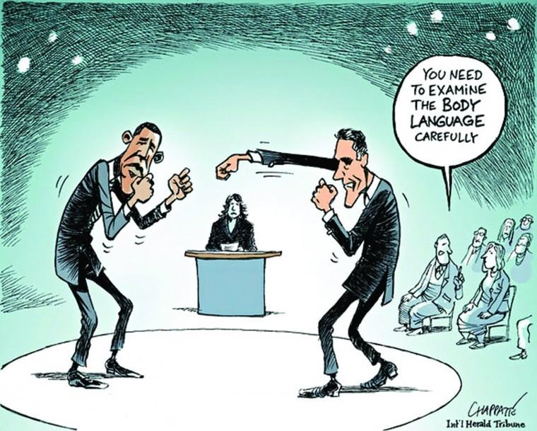 A cartoon by Patrick Chappatte pokes fun at the “boxing ring” nature of the Town Hall Presidential Debate.