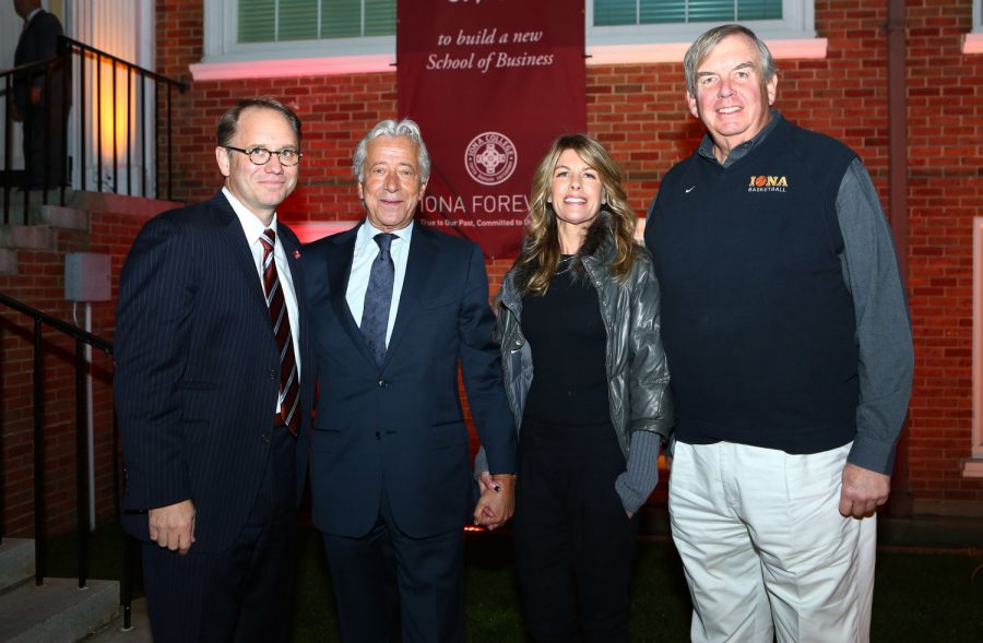 President Dr. Joseph E. Nyre, Robert V. LaPenta, Laurie Winters and Chairman of the Board of Trustees James Hynes celebrate LaPenta’s $15 million gift for the transformation of Hagan Hall.
