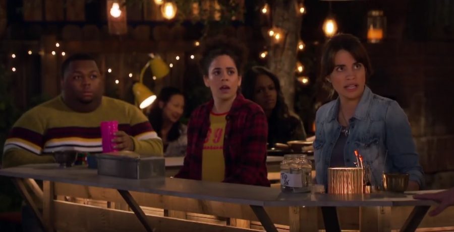 In “Abby’s,” former Marine Abby (right) hangs out with her ragtag group of friends while running an unlicensed bar out of her backyard.