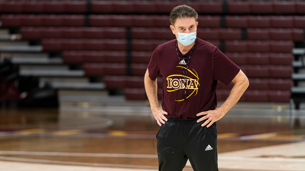 Iona men’s basketball head coach Rick Pitino observes players during a practice in the Hynes Center at Iona College in New Rochelle, NY. The Gaels experienced two long shutdowns this season, missing over 60 days of games and practices due to positive COVID-19 tests within the program.