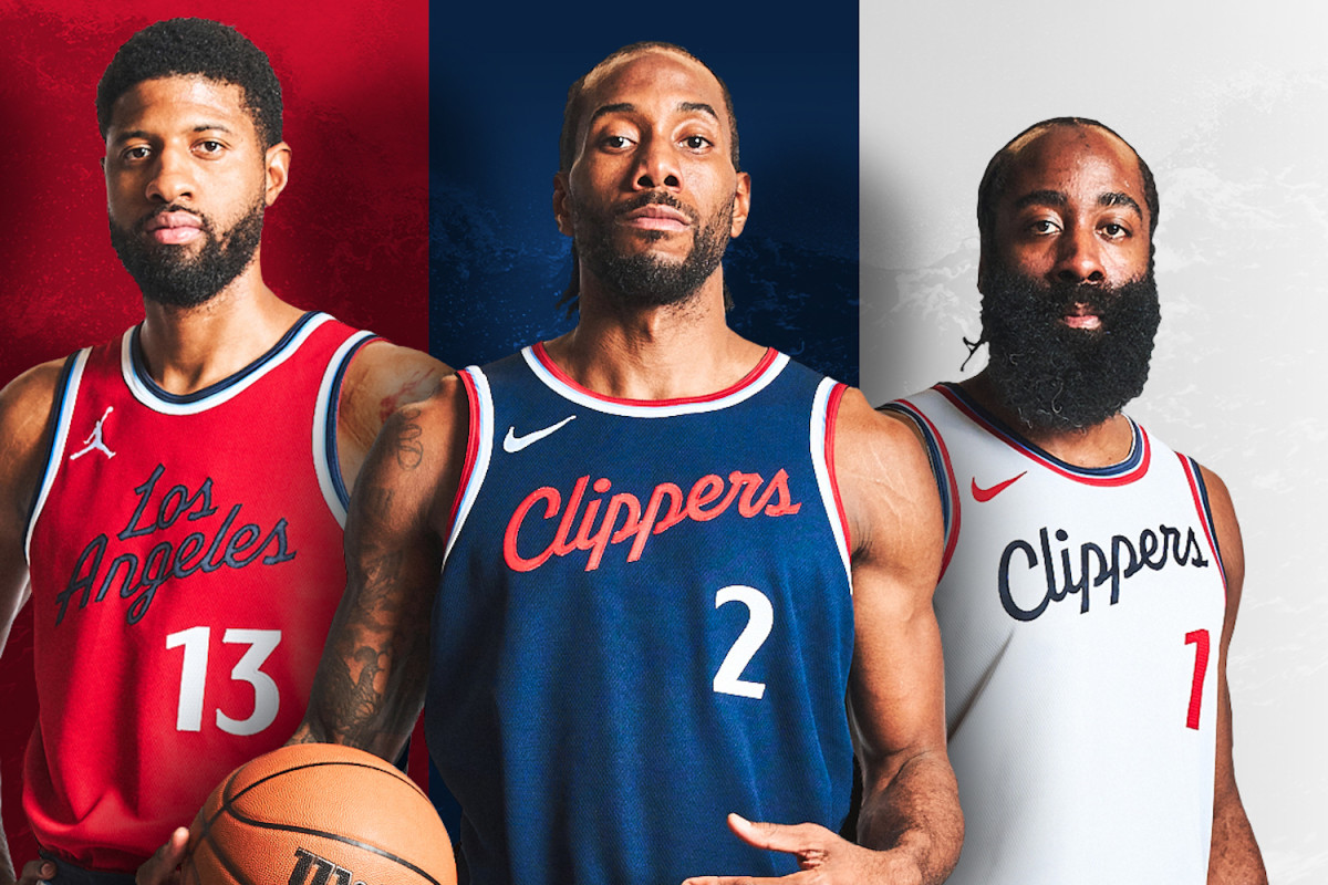 Photo courtesy of the Los Angeles Clippers. Paul George, Kawhi Leonard and James Harden show off the Clippers new rebrand. 