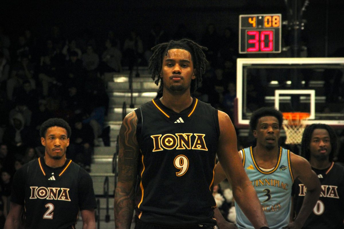 Lamin Sabally, who had 27 points and 13 rebounds, stands at the free-throw line in Iona's 67-89 loss to Quinnipiac on Friday, Dec. 5.