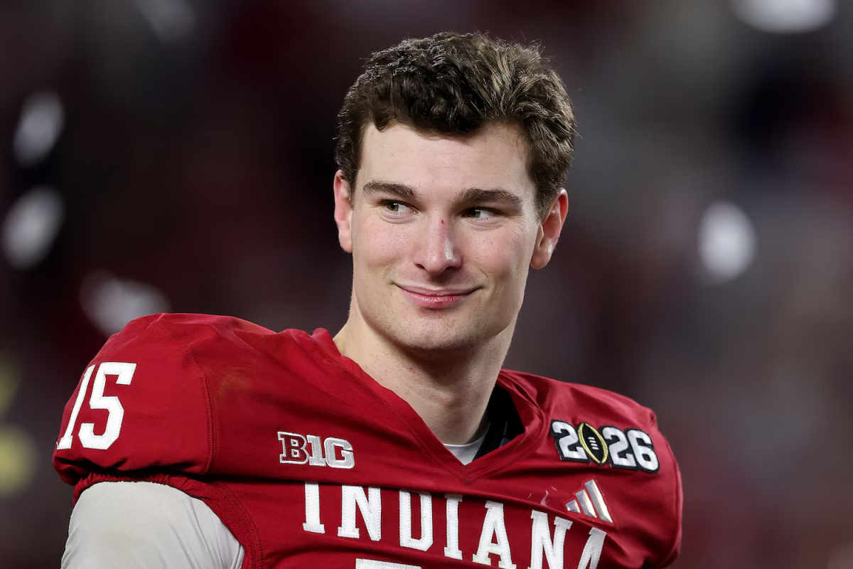 Fernando Mendoza of the Indiana Hoosiers waits for the trophy presentation after defeating the Miami Hurricanes 27-21 in the 2026 College Football Playoff National Championship, January 19, 2026 in Miami Gardens, Fla.