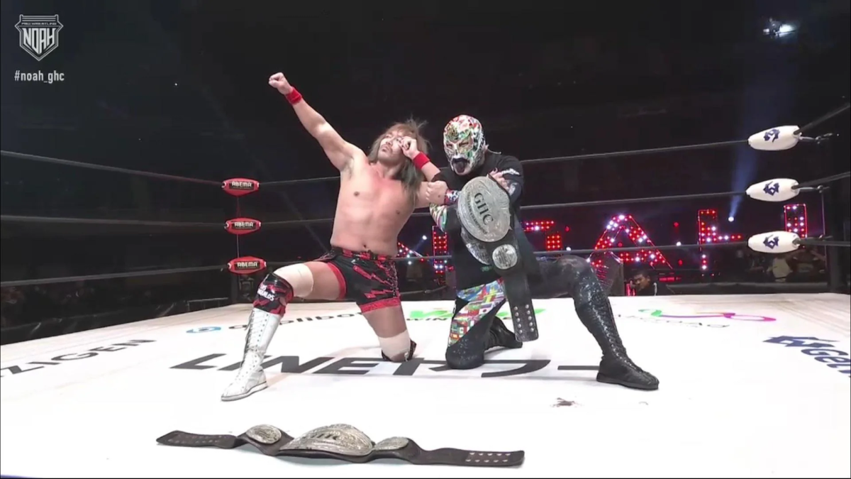 Tetsuya Naito and BUSHI after winning the GHC Tag Team Championships at Pro-Wrestling NOAH’s “NOAH The New Year” event on Jan. 2, 2026.